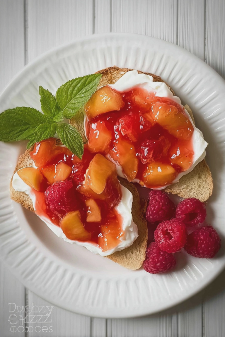Delicious nectarine compote dessert served with mint on a wooden table.