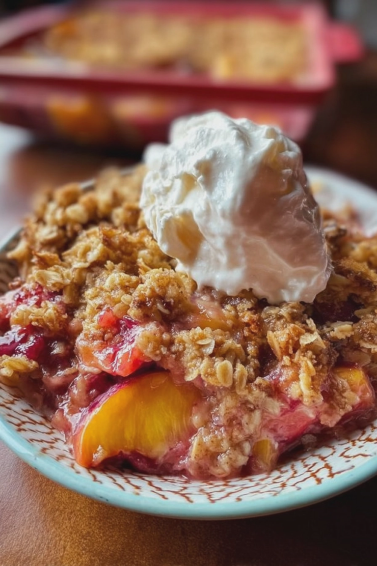 Delicious nectarine crisp served warm with vanilla ice cream on top.