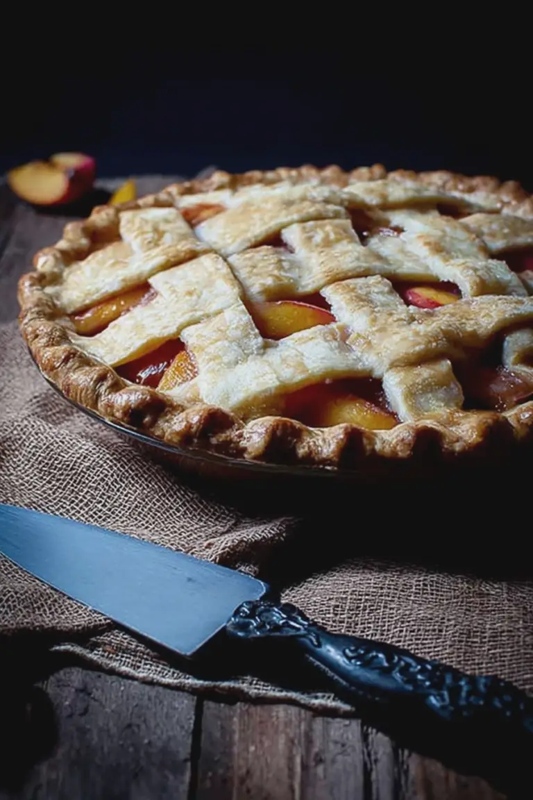 A golden-brown nectarine pie on a wooden table, decorated with slices of fresh nectarines and mint leaves.