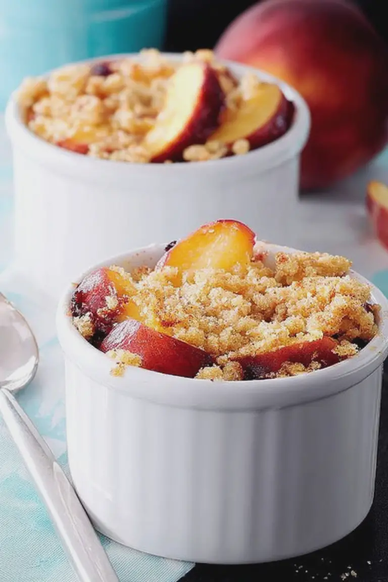 Warm nectarine plum crisp in a ramekin topped with vanilla ice cream on a wooden table