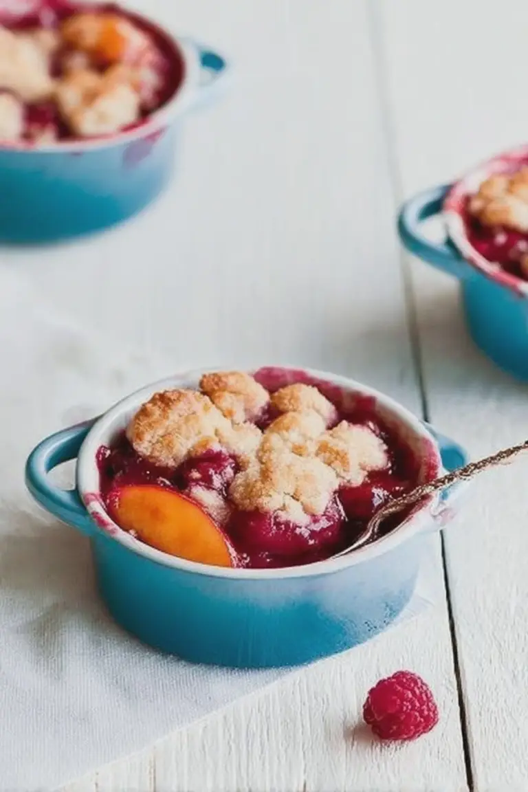 Delicious nectarine raspberry cobbler topped with ice cream and fresh raspberries, perfect for dessert.