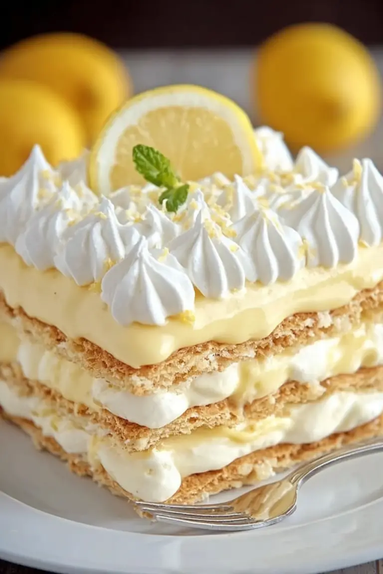 Slice of no-bake lemon éclair cake on a plate with lemon zest and mint garnish next to a glass of iced tea.