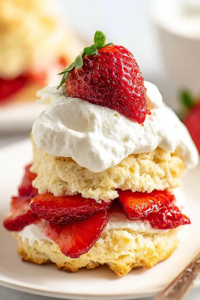 Delicious old fashioned strawberry shortcake on a rustic table, topped with whipped cream and fresh strawberries.