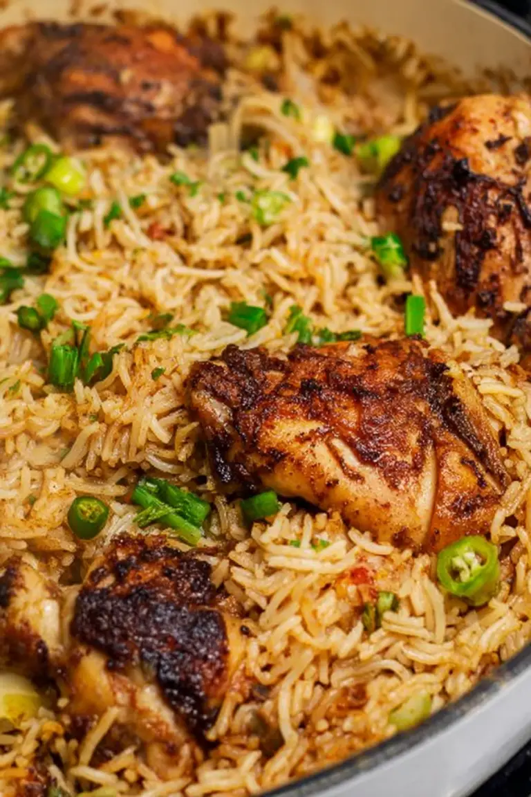 Delicious one pot chicken and rice garnished with green onions in a bowl.