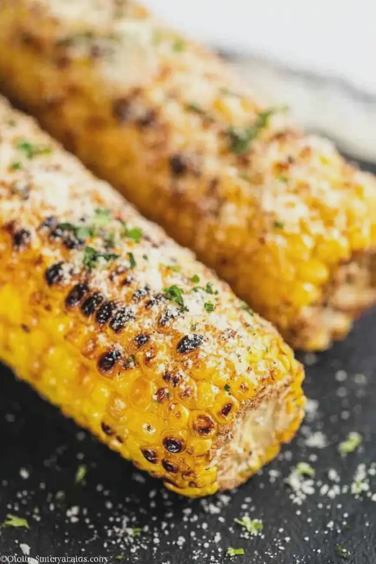 Delicious Parmesan grilled corn on the cob ready to be served with melted butter and Parmesan cheese.