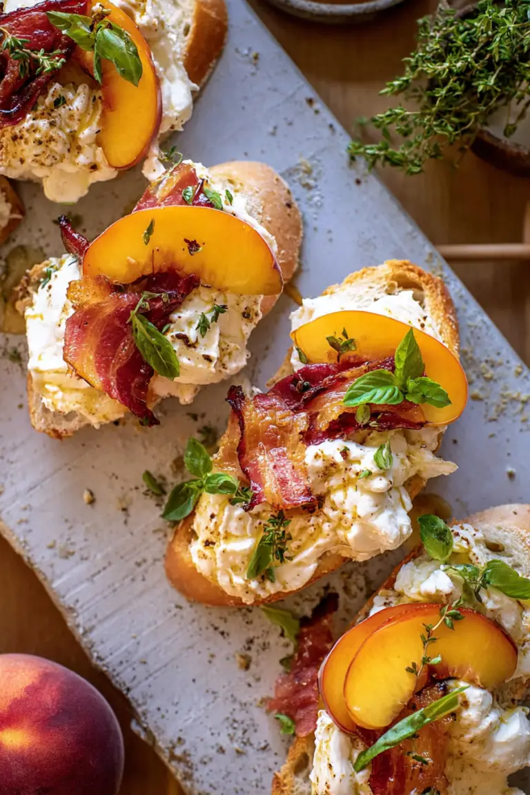 Delicious peach burrata parmesan crusted crostini topped with fresh basil and hot honey on a wooden board.
