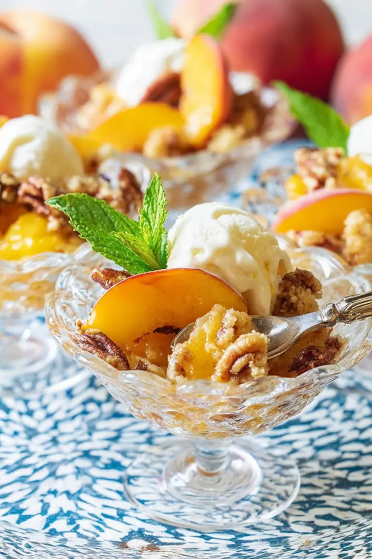 Freshly baked peach dump cake with pecan topping served on a plate, showcasing the delicious layers of peaches and cake.