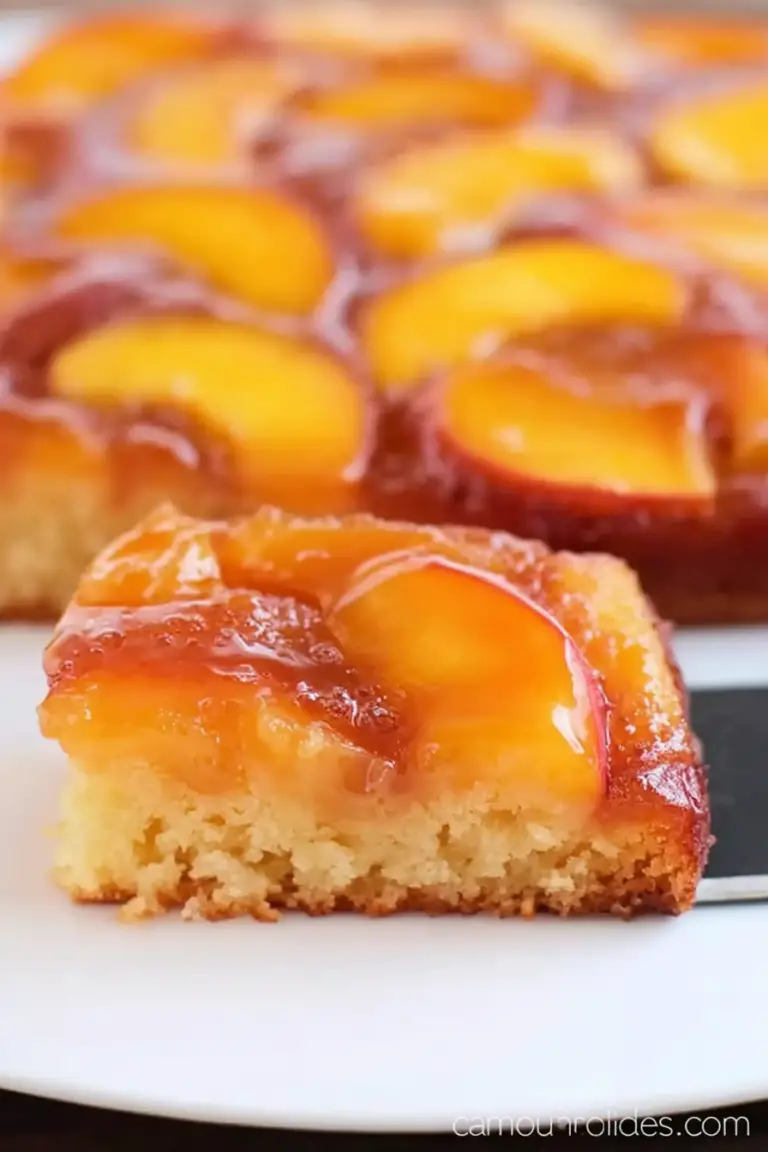 Slice of peach upside-down cake served on a wooden table, decorated with fresh peach slices and caramel sauce.