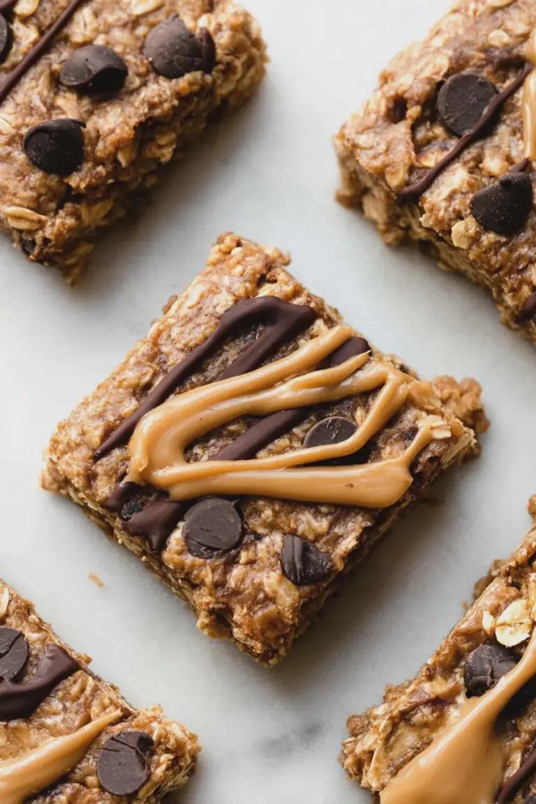 Freshly baked peanut butter banana chocolate chip oatmeal bars with chocolate chips and banana slices, displayed on a rustic wooden cutting board.