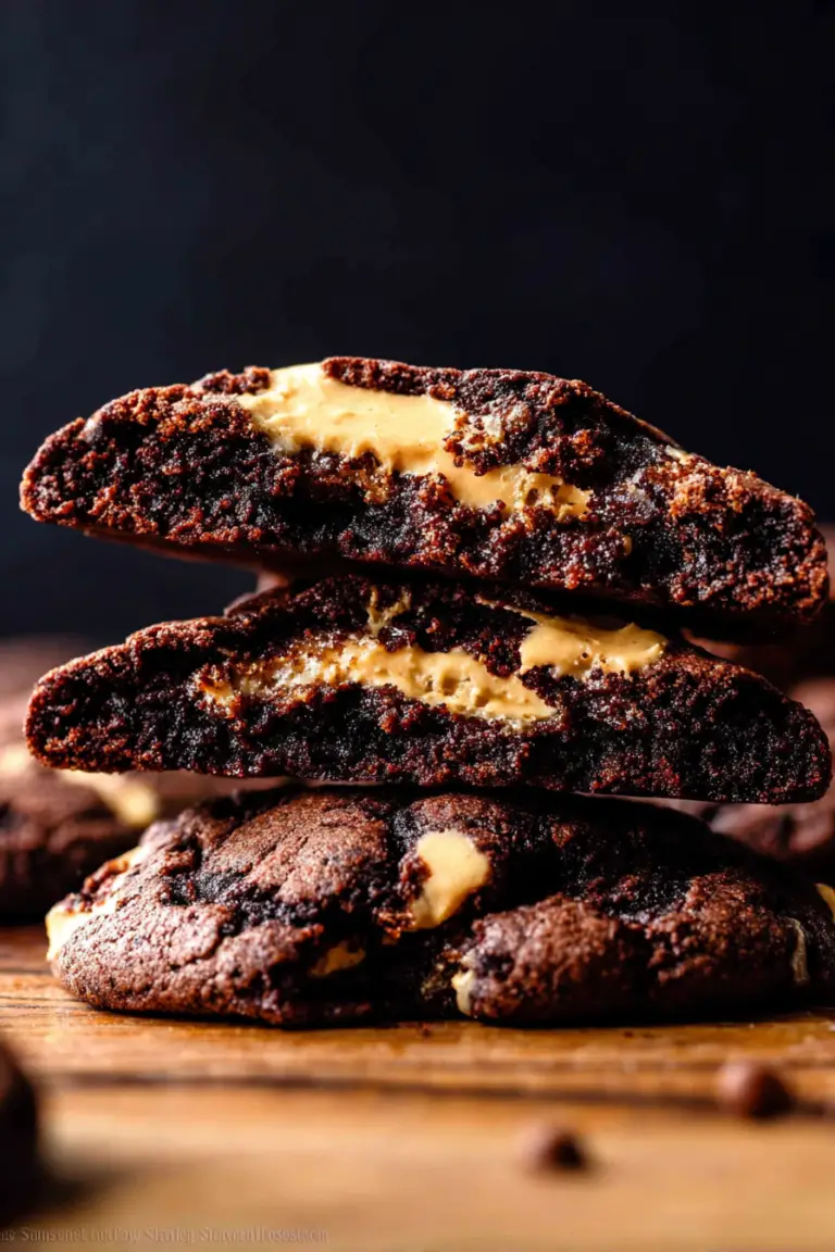 Close-up of rich peanut butter filled brownie cookies with a gooey filling on a rustic wooden table.