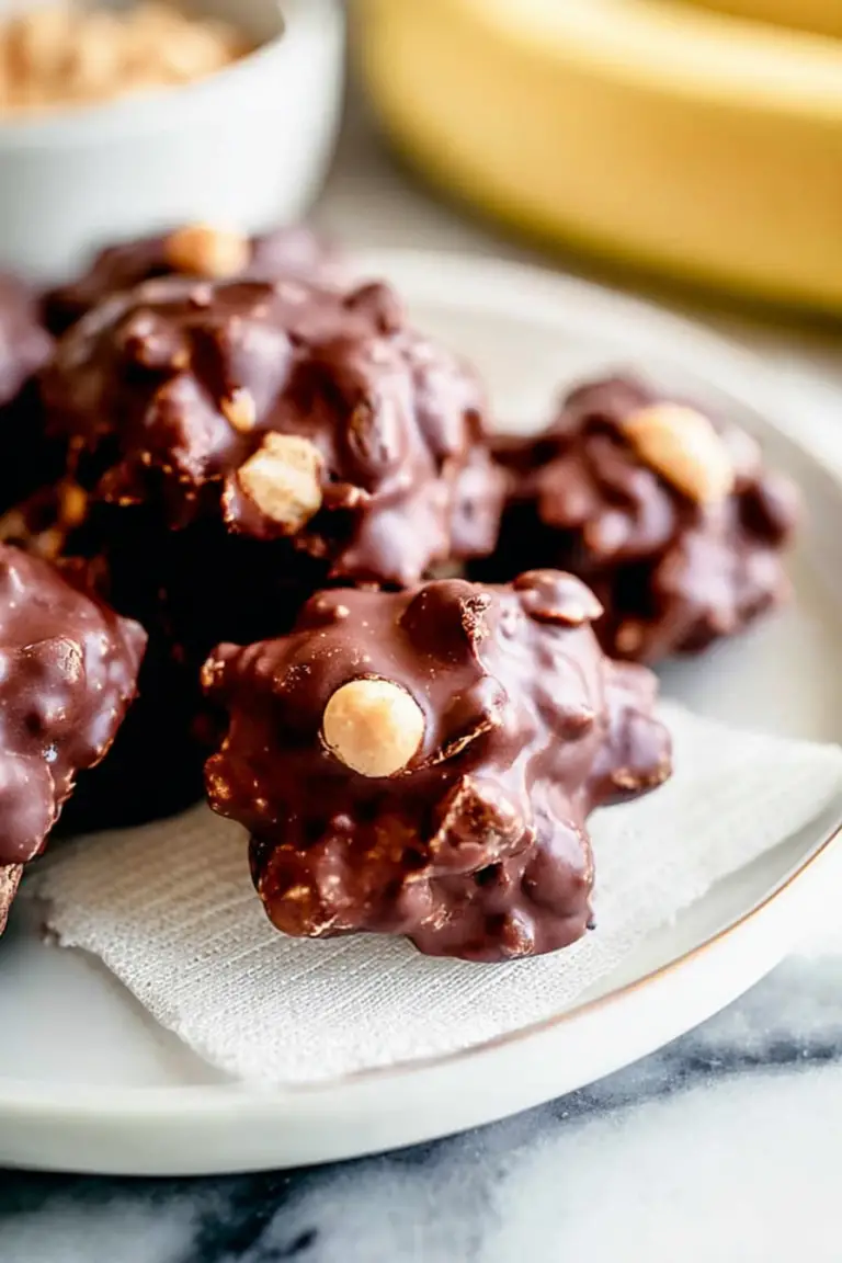 Delicious peanut yogurt banana chocolate clusters with banana slices and crushed peanuts on a colorful plate.