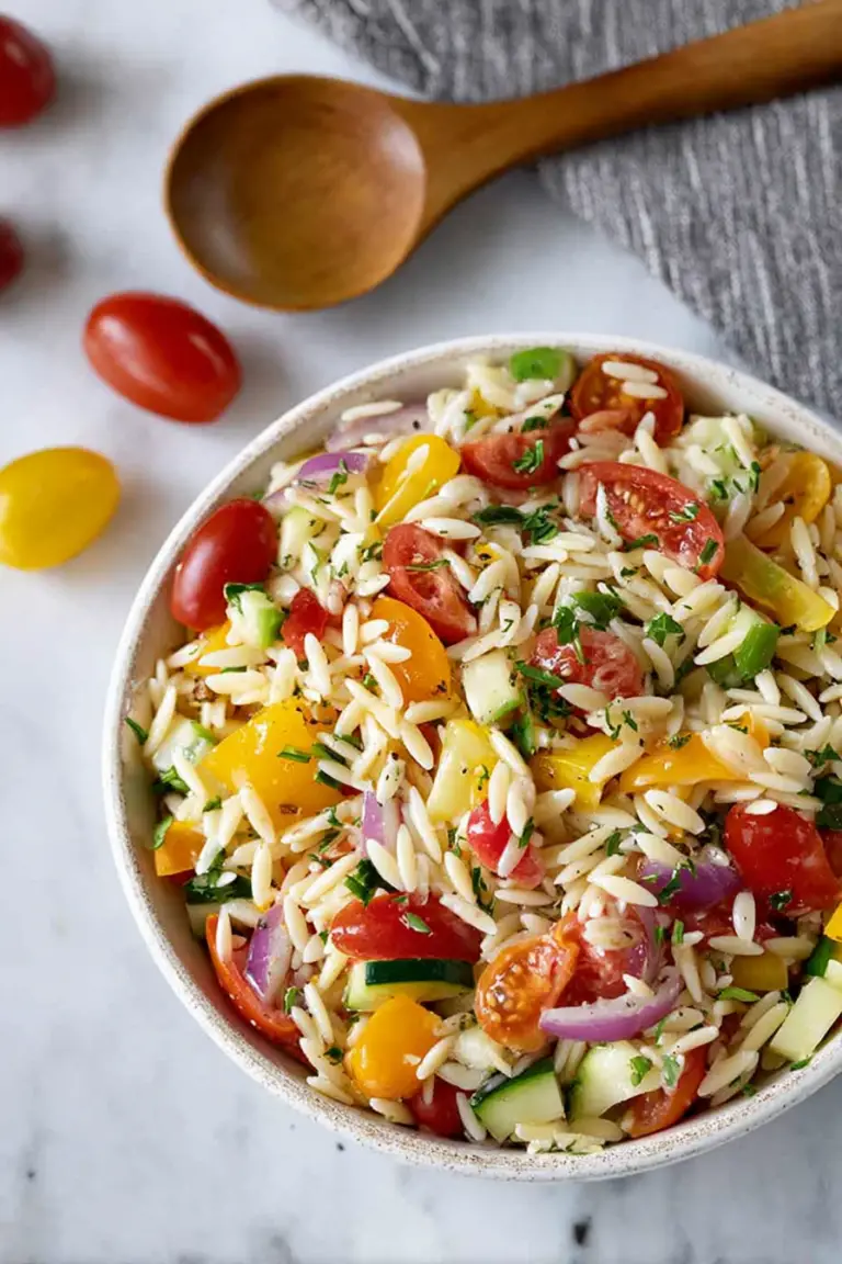 Colorful rainbow orzo salad with cherry tomatoes, orange and yellow bell peppers, cucumber, and basil in a white bowl.
