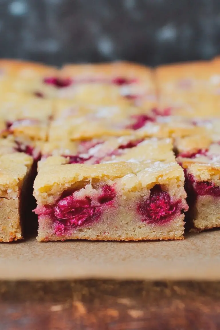 Freshly baked raspberry lemon blondies with raspberries and lemon slices on a wooden table.
