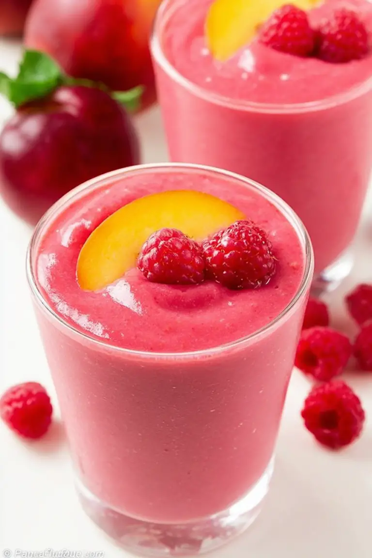 A delicious raspberry peach smoothie with fresh raspberries and peach slices on a wooden table.