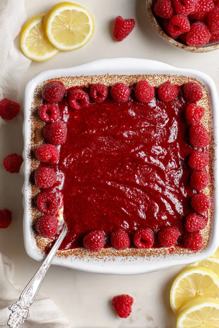 A slice of raspberry tiramisu topped with fresh raspberries and lemon on a wooden table, showcasing its layers and vibrant colors.