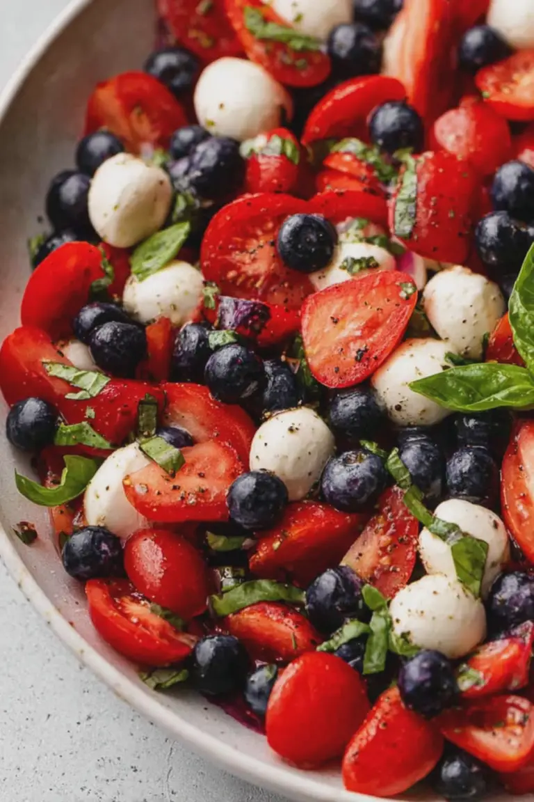 Red, White, and Blue Caprese Salad with tomatoes, strawberries, blueberries, and mozzarella in a bowl on a wooden table