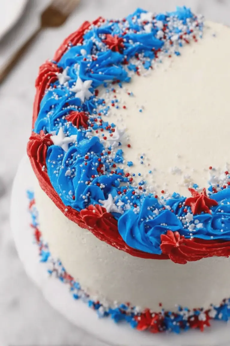 Patriotic red, white, and blue Fourth of July cake decorated with sprinkles and surrounded by festive party decorations.