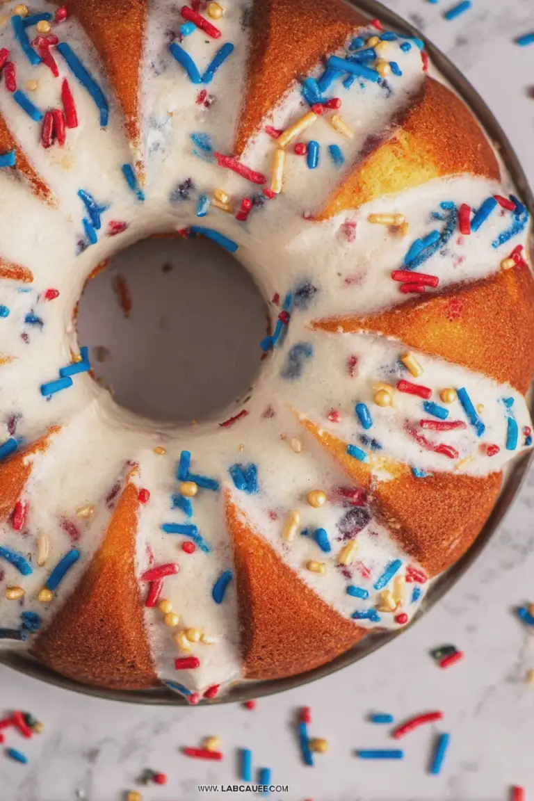 Patriotic Red White and Blue Bundt Cake on a table with festive decorations and sprinkles.