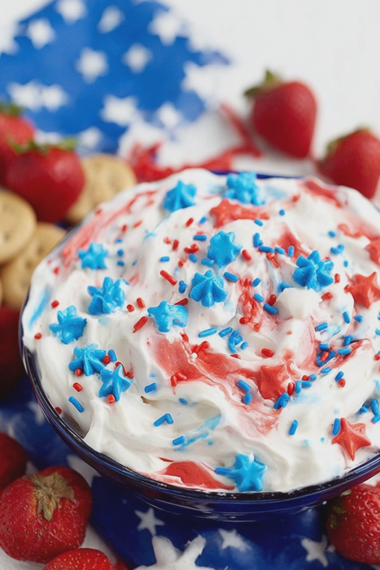 A bowl of Red, White & Blue Cake Batter Dip with sprinkles, surrounded by fresh fruits and crackers on a festive table.