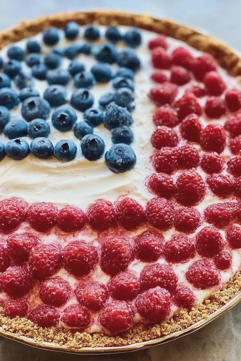 Red, white, and blue pie decorated with raspberries and blueberries for a patriotic dessert.
