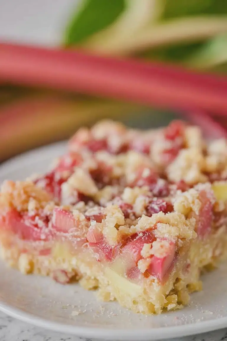 Delicious Rhubarb Dream Bars topped with creamy filling and diced rhubarb on a rustic wooden table.