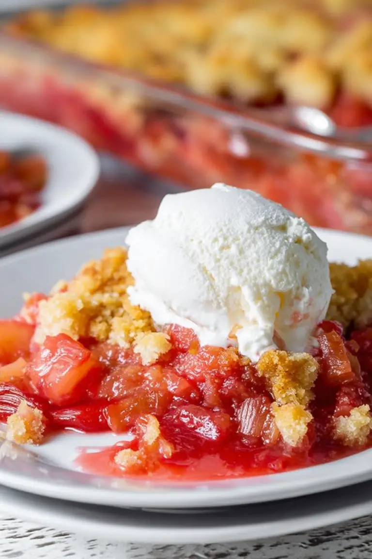 Slice of rhubarb dump cake topped with vanilla ice cream on a dessert plate.