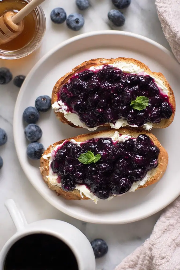 Roasted blueberry toast with whipped ricotta, mint leaves, and honey on a wooden table.
