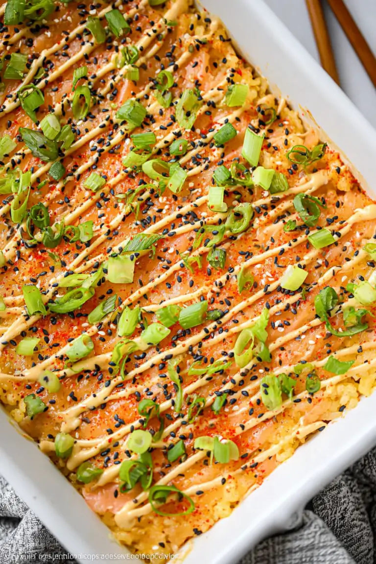 Delicious salmon sushi bake garnished with green onion and sesame seeds, served with avocado and roasted seaweed.