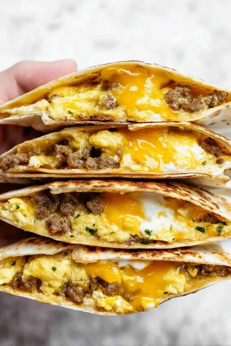 Delicious sausage and egg breakfast quesadilla with melted cheese and crispy tortillas, served on a wooden cutting board.