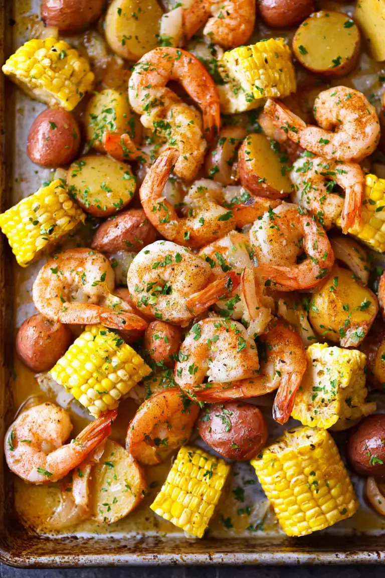 Delicious sheet pan shrimp boil with shrimp, corn, potatoes, and sausage garnished with parsley and lemon.