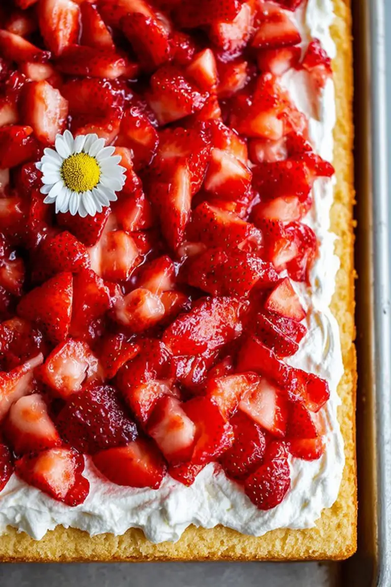 Delicious sheet pan strawberry shortcake topped with whipped cream and fresh strawberries served on a rustic background.