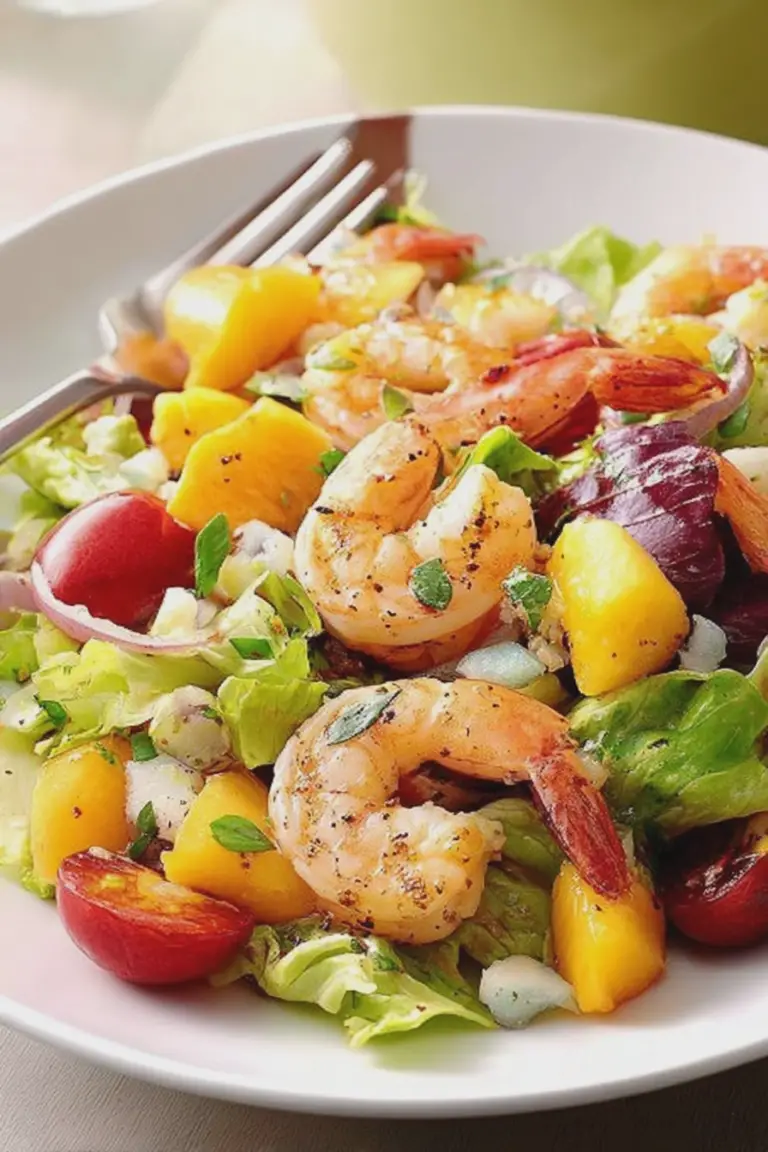 Delicious Shrimp & Nectarine Salad featuring shrimp, nectarines, corn, and mixed greens, drizzled with tarragon dressing.