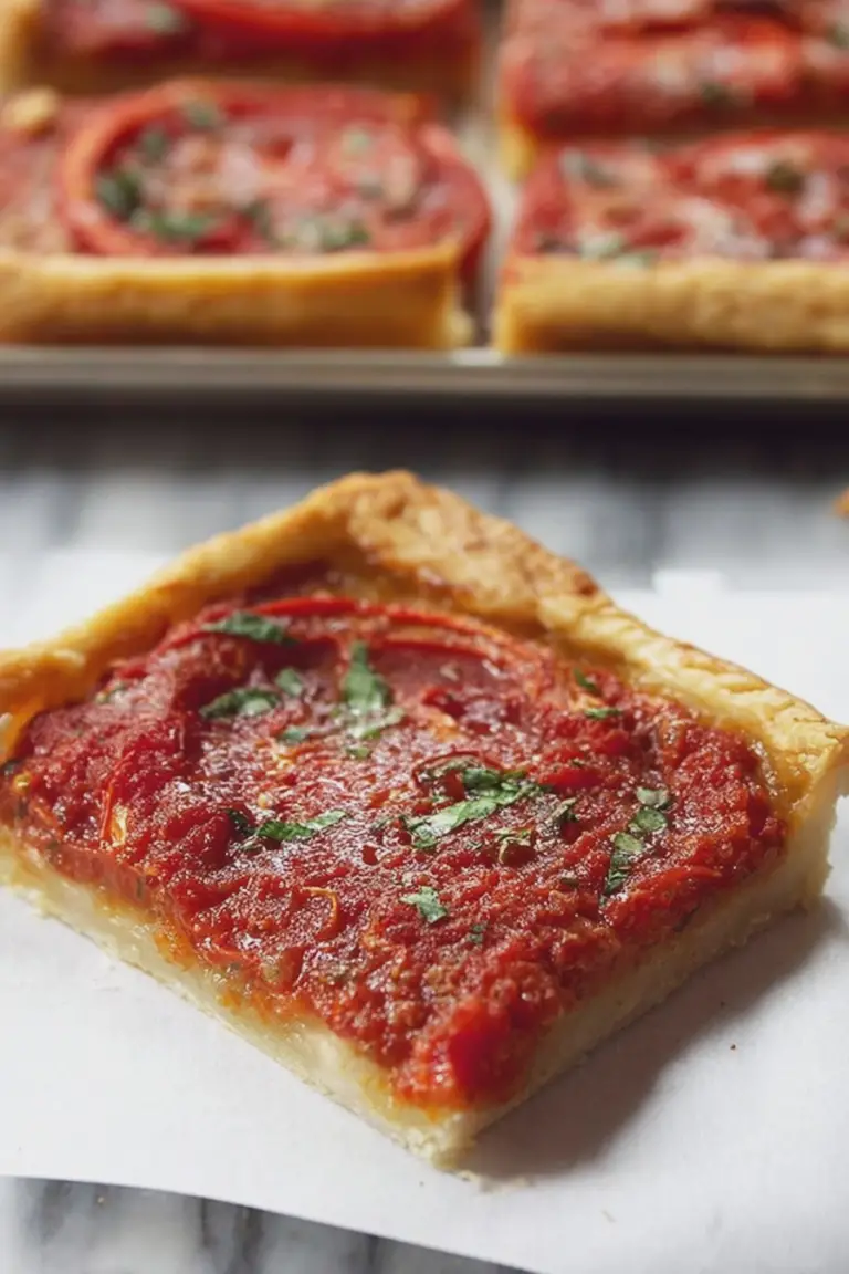 Sicilian tomato pie with roasted tomatoes and Parmesan cheese on top.