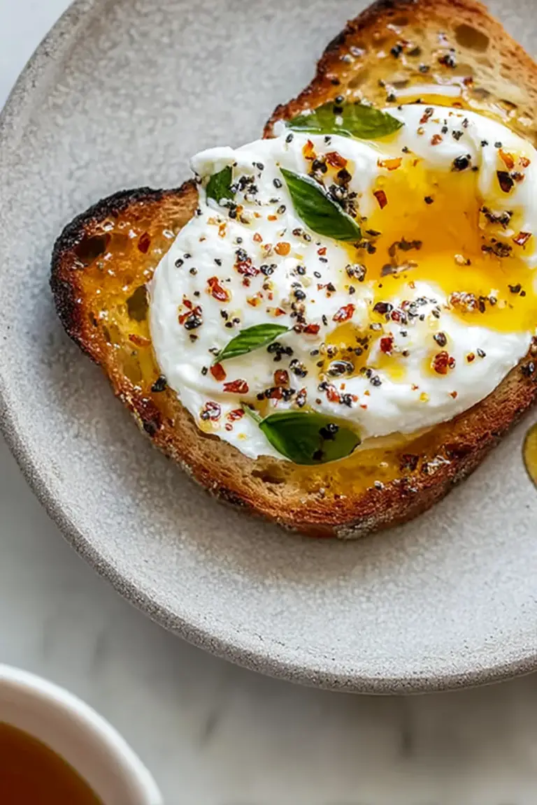 Simple burrata appetizer on sourdough bread, topped with honey and red pepper flakes.