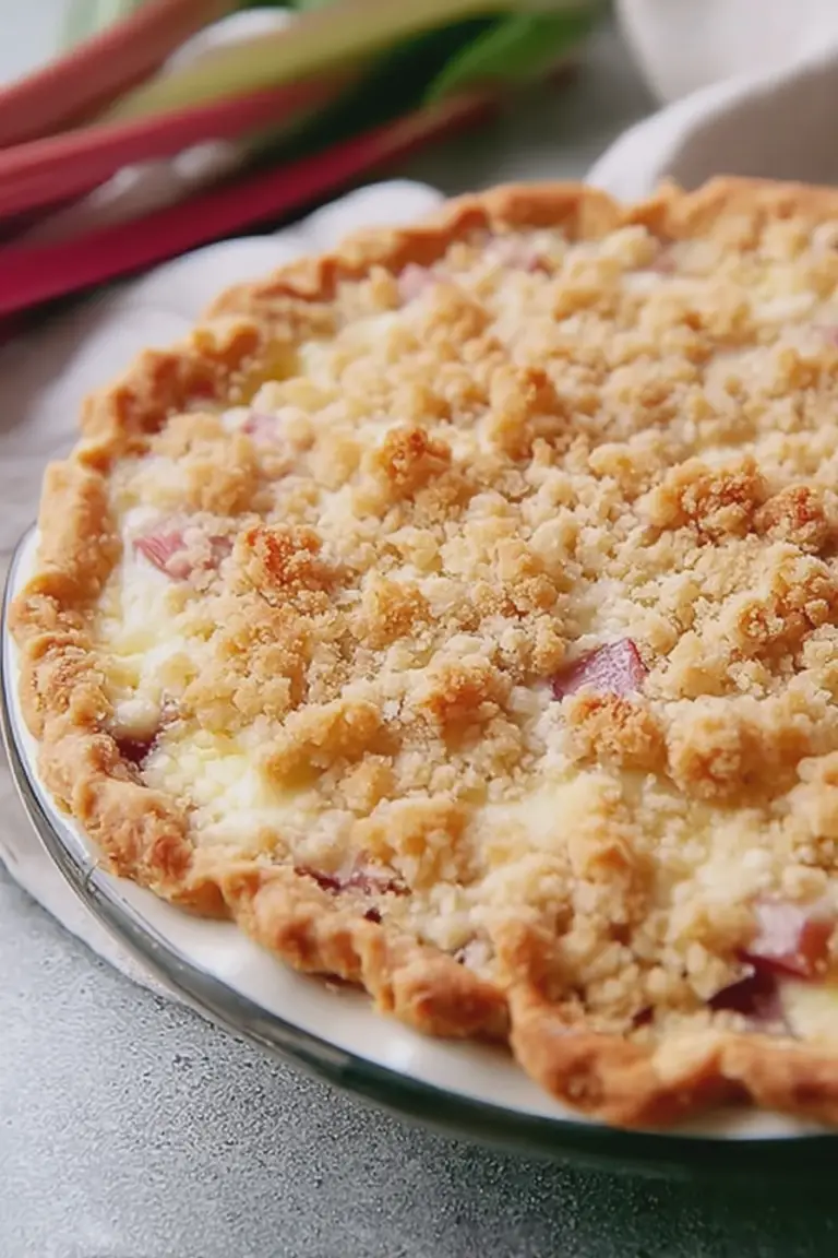Slice of easy rhubarb custard pie with crumb topping next to fresh rhubarb and a bowl of whipped cream.