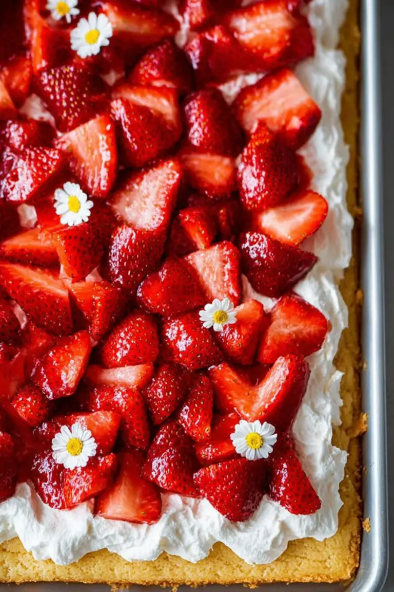 Slice of sheet pan strawberry shortcake topped with fresh strawberries and whipped cream on a wooden table.