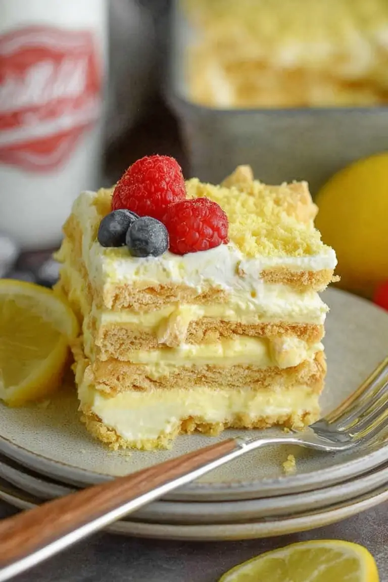 Sliced lemon icebox cake with fresh raspberries on top, showcasing creamy layers and cookie base.