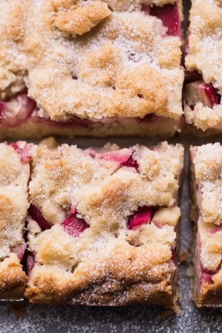 Sliced rhubarb cake on a plate, surrounded by fresh rhubarb stalks, dusted with powdered sugar.