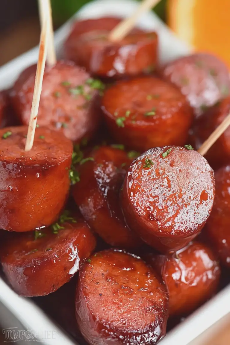 Delicious slow cooker kielbasa bites served with toothpicks and garnish, perfect for parties.