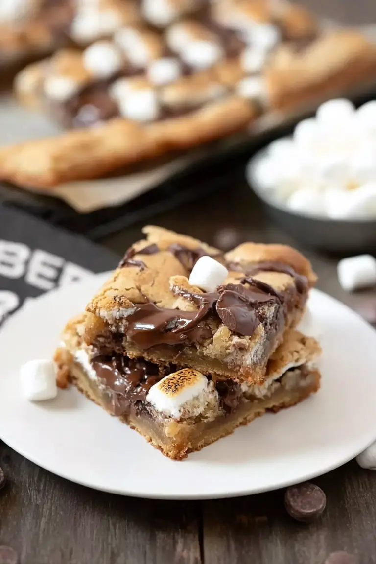 Delicious s'mores cookie bars stacked on a wooden surface, revealing layers of chocolate, marshmallow, and graham cracker.