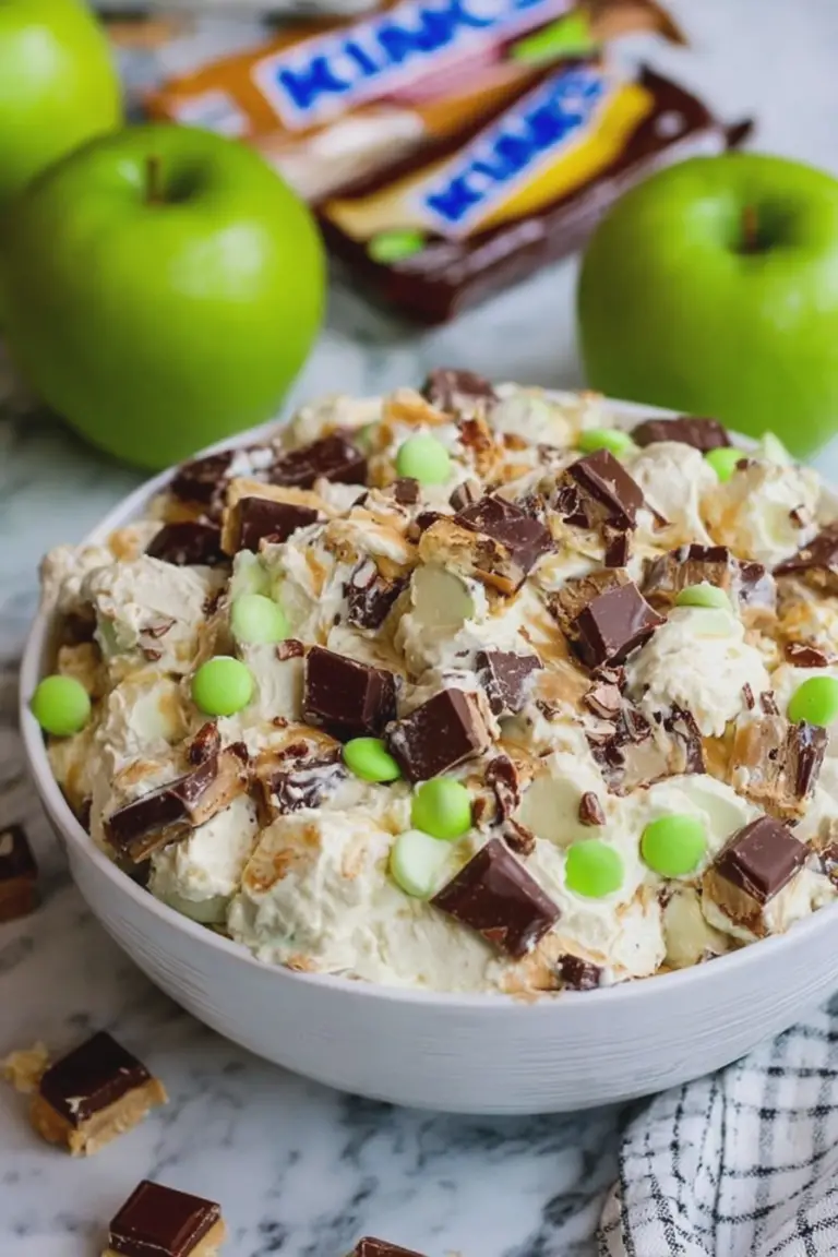 Delicious Snickers Salad with Snickers candy bars, apples, and caramel sauce served in a bowl on a wooden table.