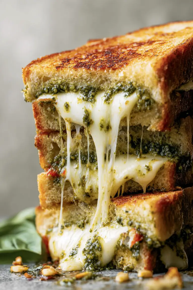 Delicious sourdough pesto grilled cheese sandwich with melting mozzarella and fresh basil