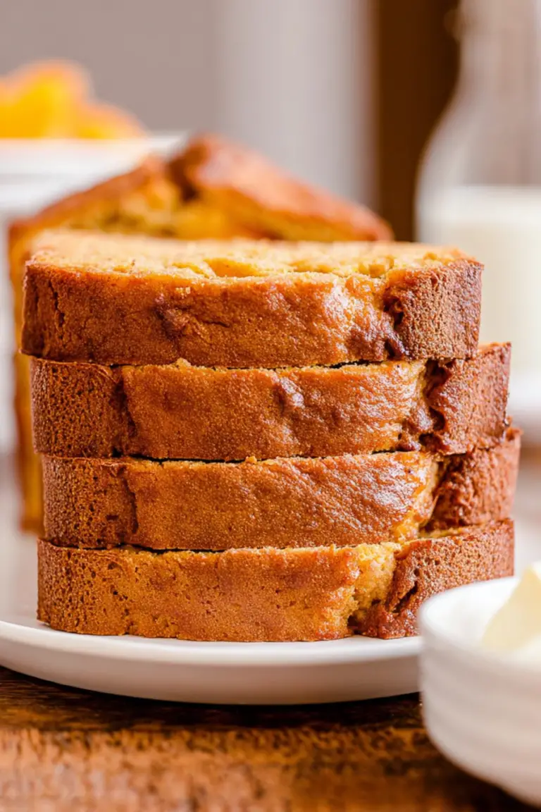 Sliced southern peach bread on a cutting board with fresh peaches, showcasing its moist texture and inviting appearance.