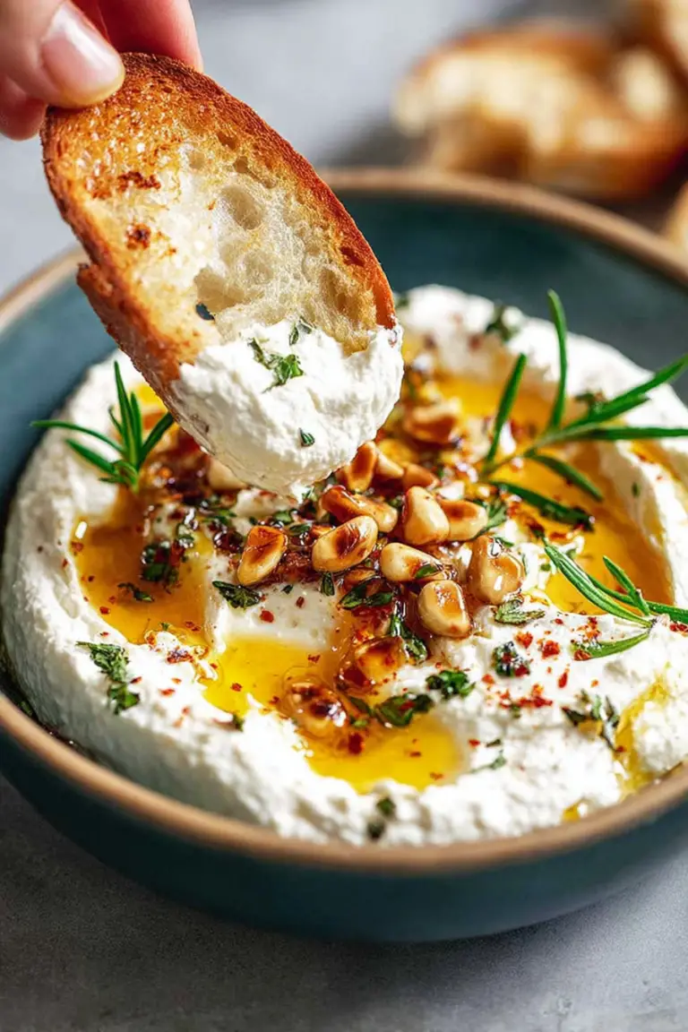 Spicy ricotta dip with hot honey garnished with rosemary and chili flakes, served with crackers and fresh vegetables.