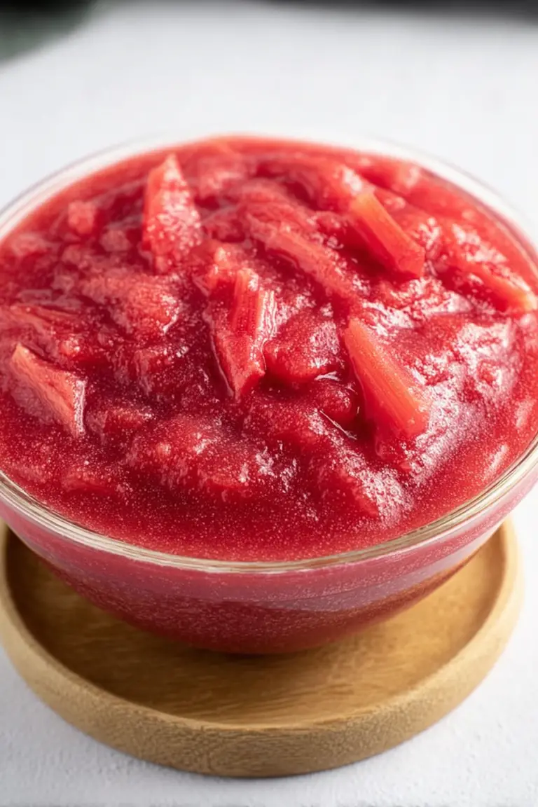 Close-up of stewed rhubarb in a glass jar on a rustic wooden table.