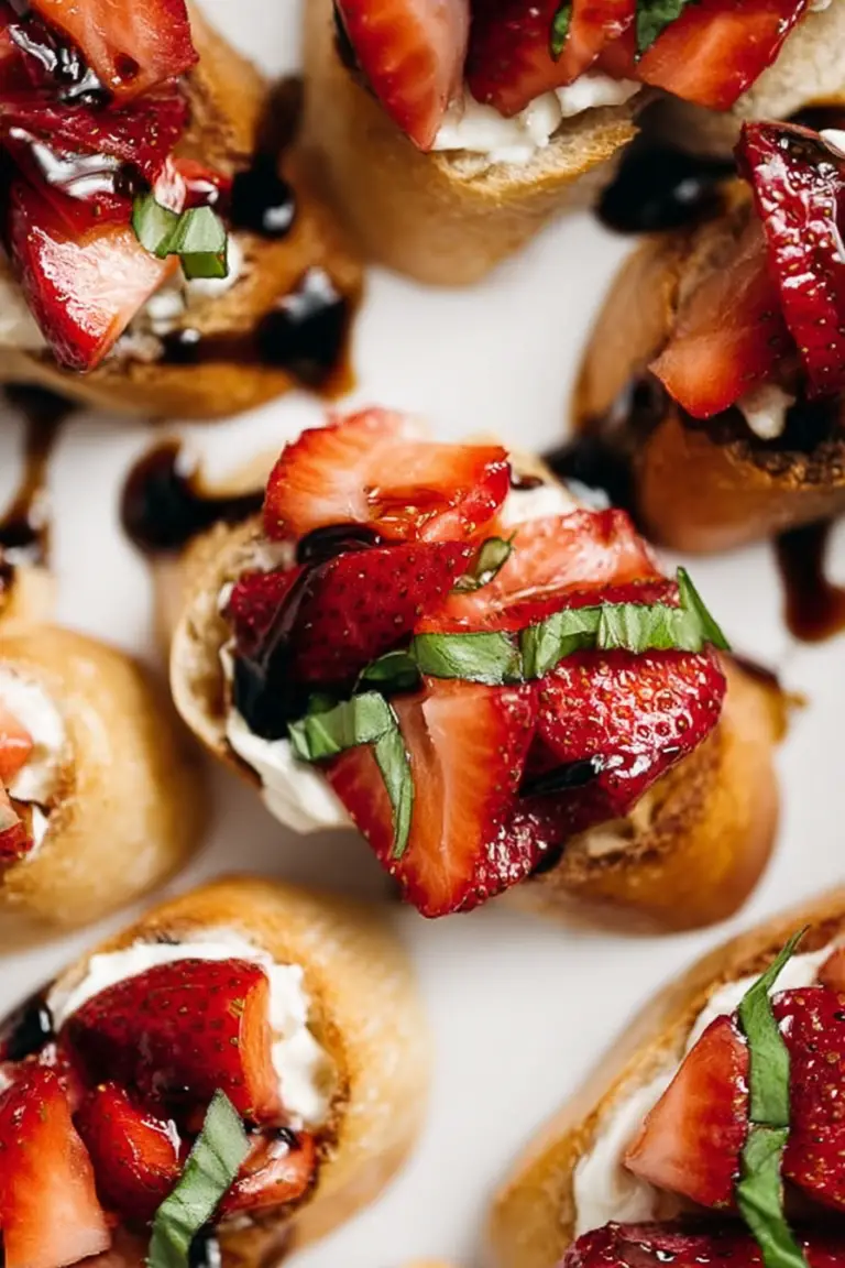 Strawberry bruschetta with fresh strawberries and honey-whipped ricotta on crostini, garnished with basil, served on a bright platter.