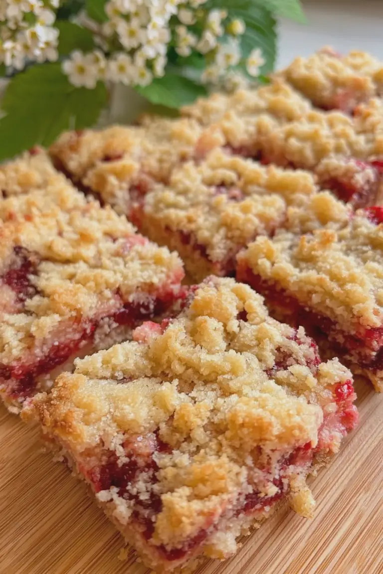 Delicious strawberry cheesecake crumb bars with fresh strawberries and mint on a decorative plate.