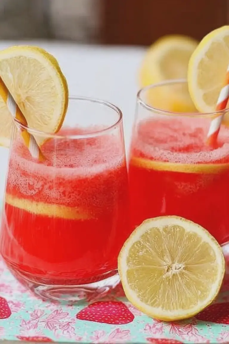 A colorful bowl of strawberry lemonade punch with fresh strawberries and lemon slices, perfect for parties.