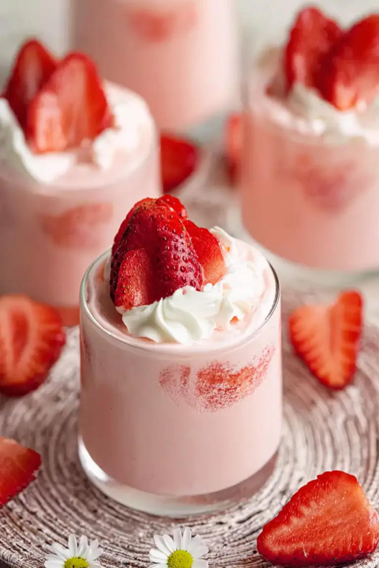 Delicious strawberry mousse served in a clear glass, garnished with fresh strawberries and mint, perfect for dessert lovers.