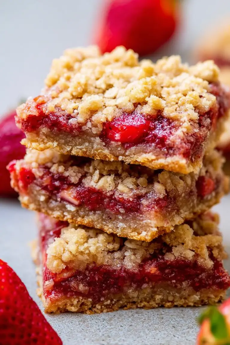 Close-up of strawberry oatmeal crumble bars with fresh strawberries on a wooden cutting board.